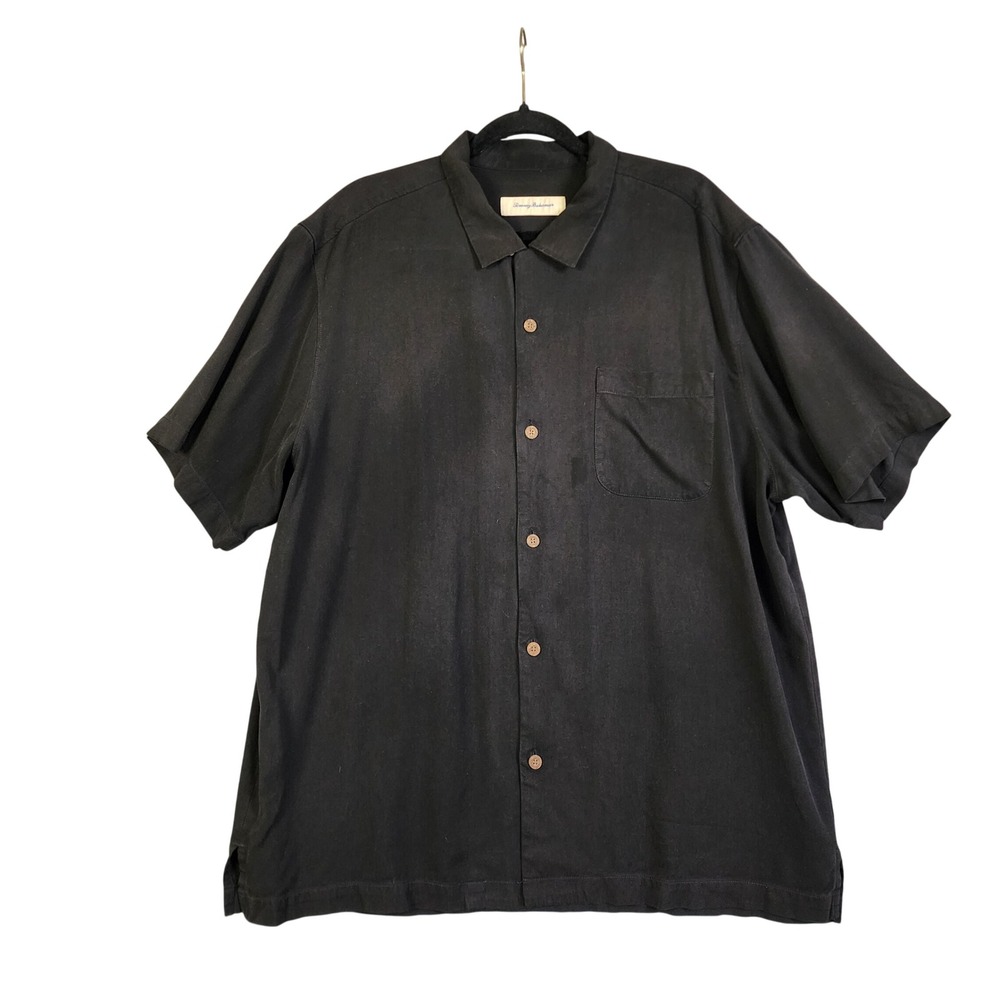 Tommy Bahama Mens Black Silk Short Sleeve Button Down Hawaiian Shirt Size XL